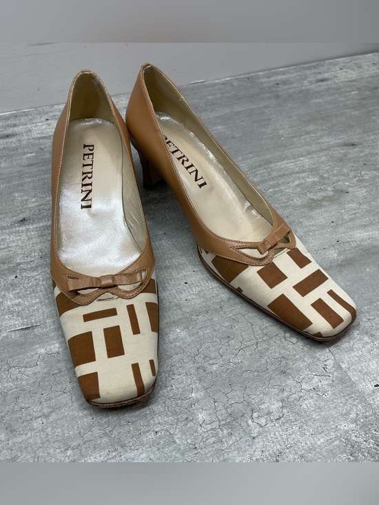 Petrini Shoes - Petrini Leather Canvas Pumps Womens 36 Tan Cream Geometric Square Toe Italy Good